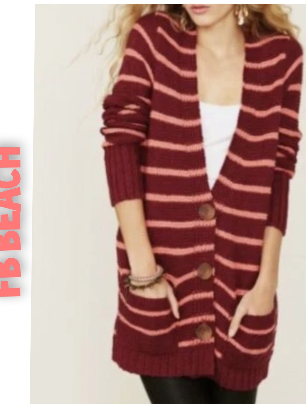 FP Beach Button-Front Burgundy & Pink Striped Long Cardigan
